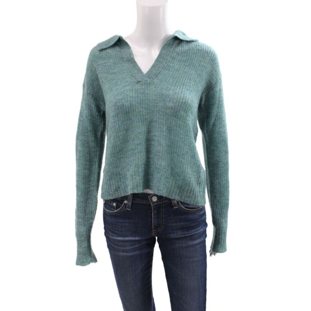 Monrow Women Pullover Sweater Long Sleeve Collared Green Size XS